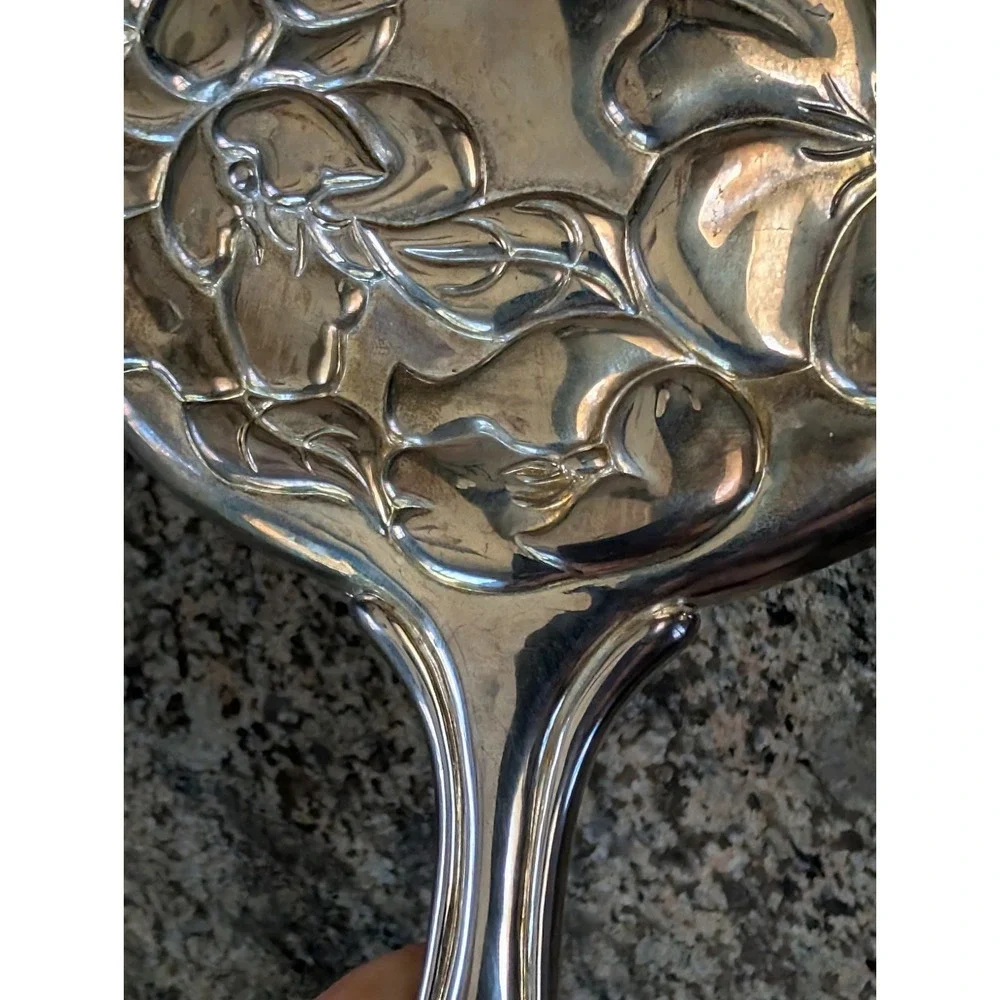 Vintage Antique Art Nouveau Silver Hand Mirror Embossed Flowers  Tiffany ? Heavy